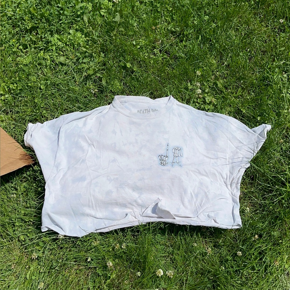 Ripple Junction Death Row Records cropped White Tee for women blue tie dye effct